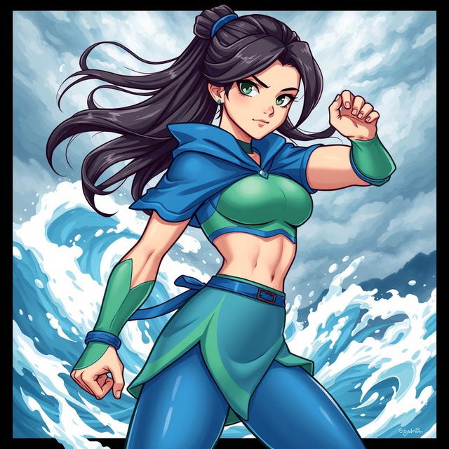 A stylized illustration of a confident and powerful female character inspired by a water-bending hero