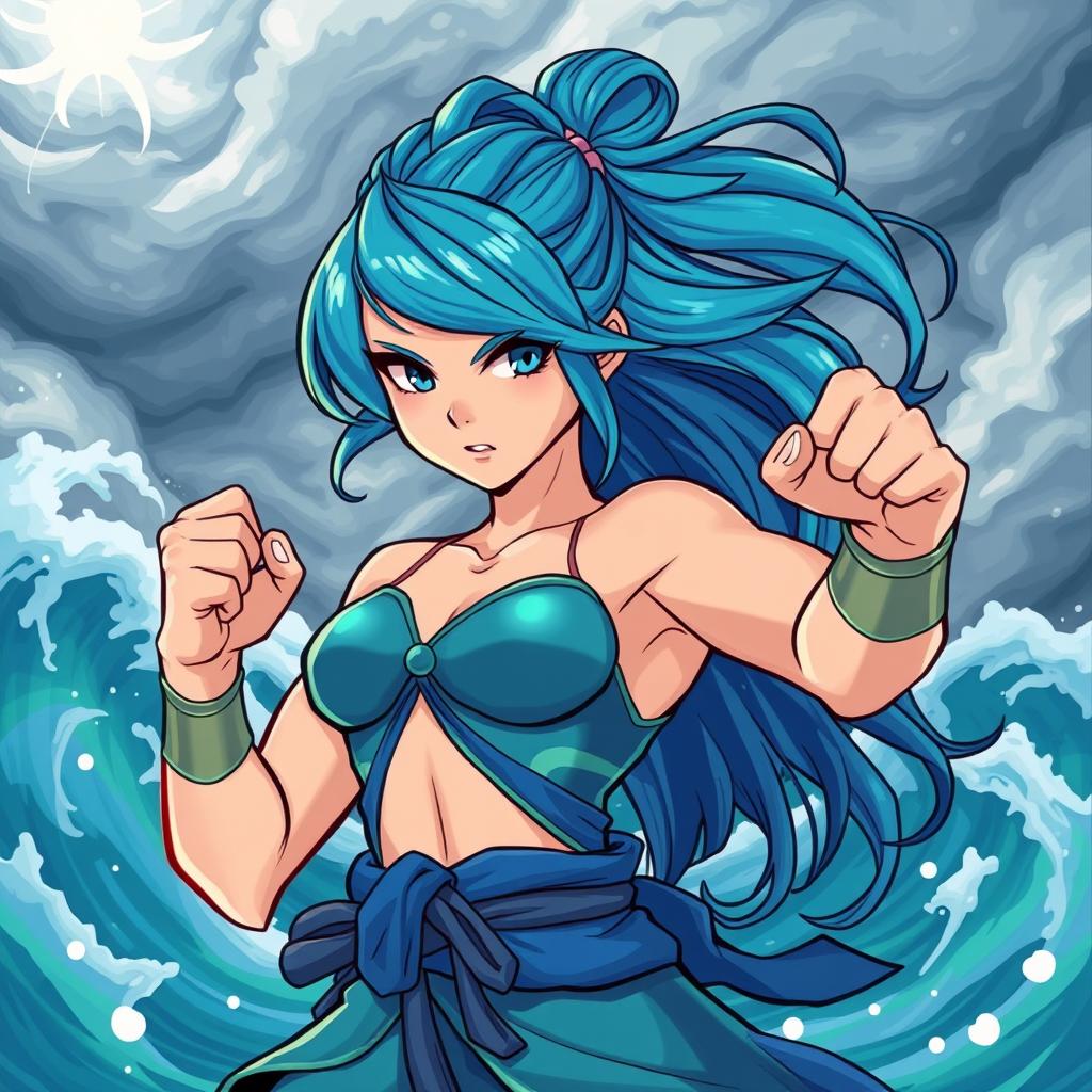 A stylized illustration of a confident and powerful female character inspired by a water-bending hero