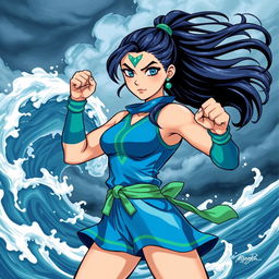 A stylized illustration of a confident and powerful female character inspired by a water-bending hero