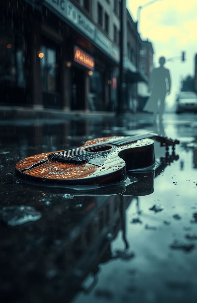 A broken guitar lying in a puddle on a rain-soaked street, raindrops falling softly on the shattered wood