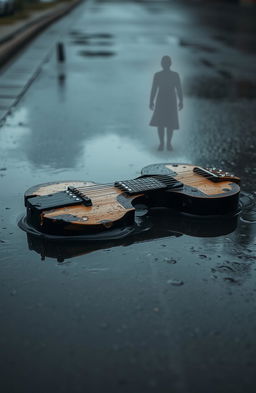 A broken guitar lying in a puddle on a rain-soaked street, raindrops falling softly on the shattered wood