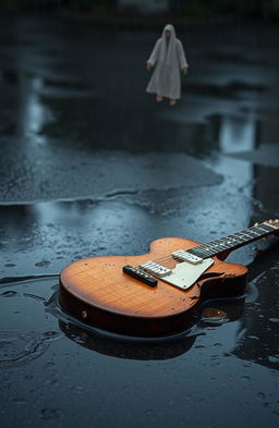 A broken guitar lying in a puddle on a rain-soaked street, raindrops falling softly on the shattered wood
