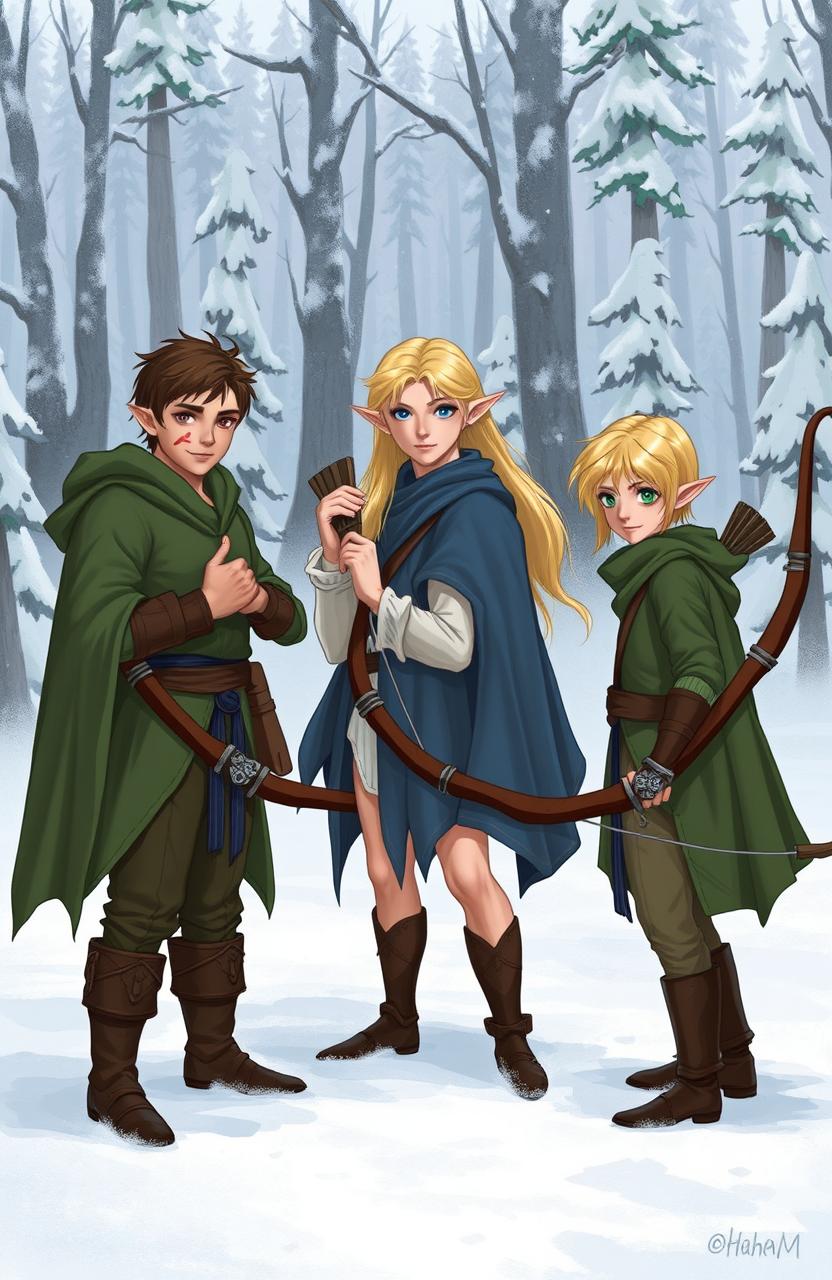 Three male elves in a snowy landscape