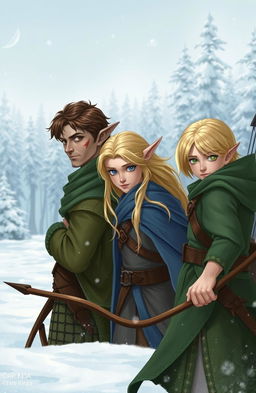 Three male elves in a snowy landscape