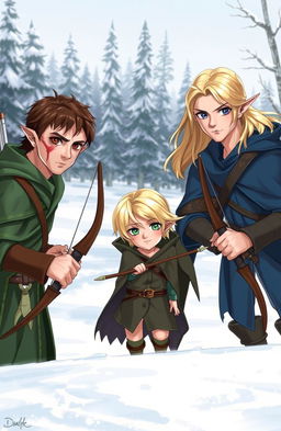 Three male elves in a snowy landscape