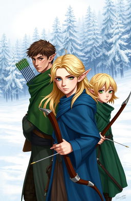 Three male elves in a snowy landscape