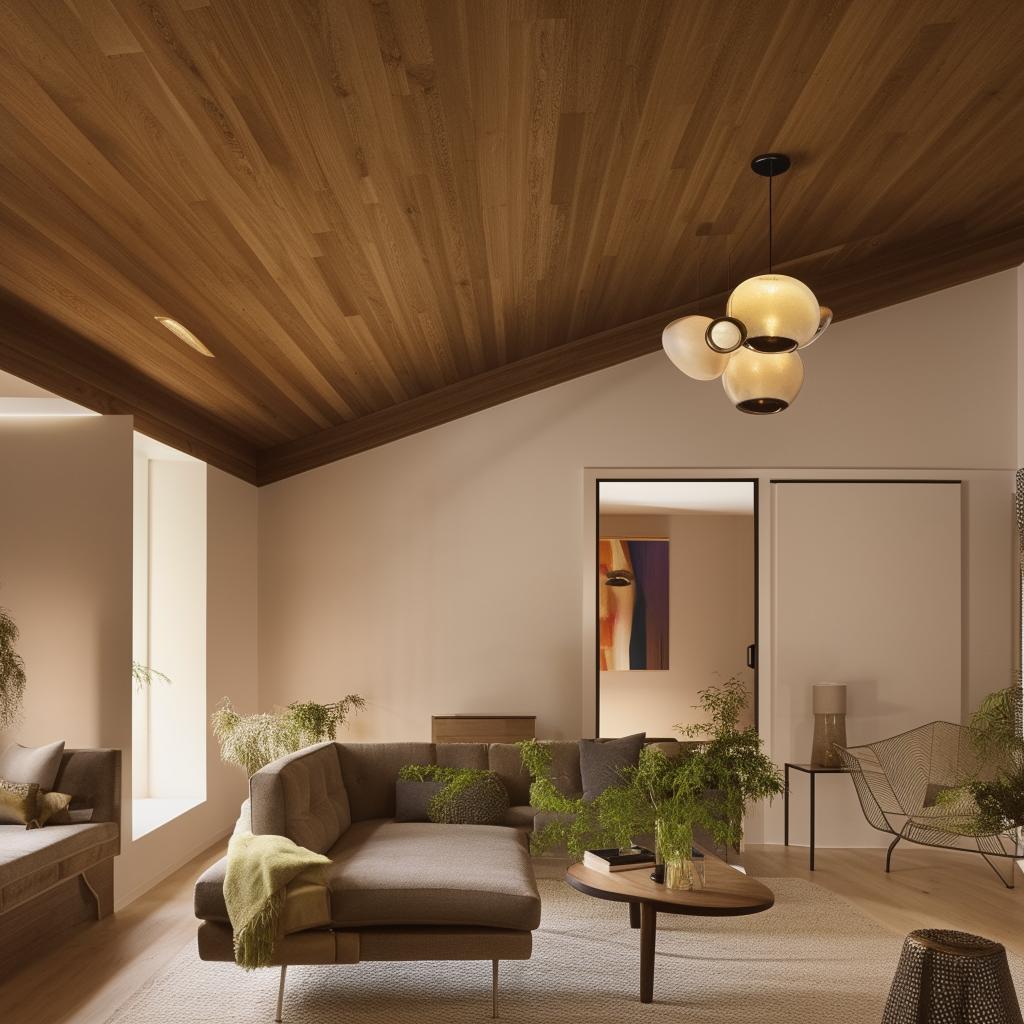 A spacious, cozy living room with modern furnishings, warm lighting, and touches of greenery