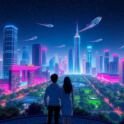 A vibrant AI-generated digital art piece featuring a fantastical futuristic cityscape under a starry night sky