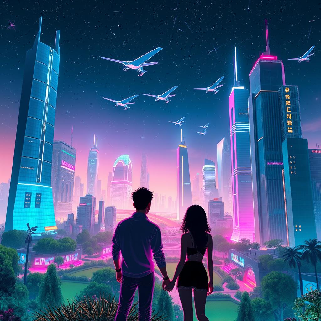 A vibrant AI-generated digital art piece featuring a fantastical futuristic cityscape under a starry night sky