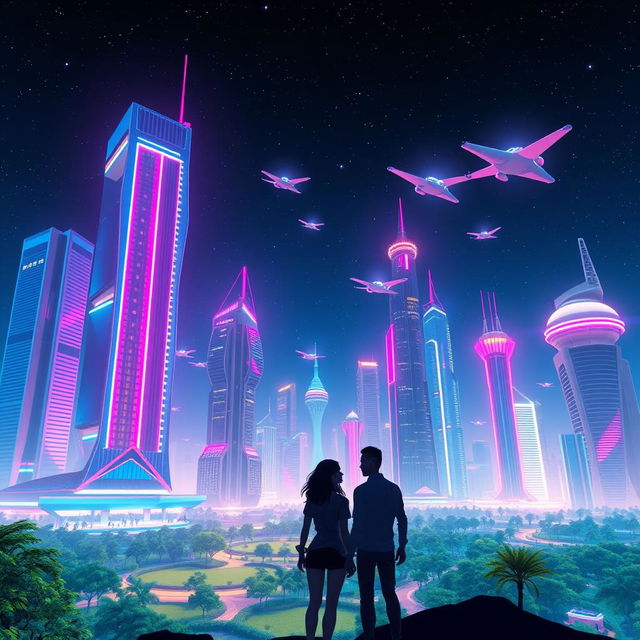 A vibrant AI-generated digital art piece featuring a fantastical futuristic cityscape under a starry night sky