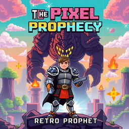 A dynamic and colorful book cover for "The Pixel Prophecy" by Retro Prophet, featuring a 16-bit hero standing boldly in a retro pixelated landscape