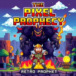 A dynamic and colorful book cover for "The Pixel Prophecy" by Retro Prophet, featuring a 16-bit hero standing boldly in a retro pixelated landscape