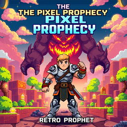A dynamic and colorful book cover for "The Pixel Prophecy" by Retro Prophet, featuring a 16-bit hero standing boldly in a retro pixelated landscape