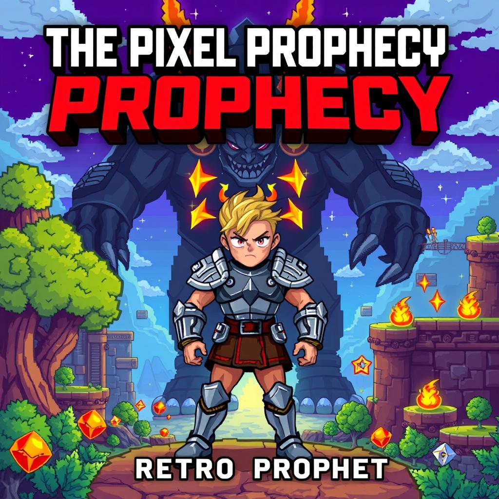 A dynamic and colorful book cover for "The Pixel Prophecy" by Retro Prophet, featuring a 16-bit hero standing boldly in a retro pixelated landscape