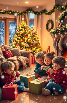 A joyous Christmas scene depicting a cozy living room decorated for the holiday season