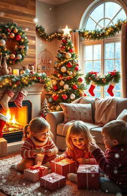 A joyous Christmas scene depicting a cozy living room decorated for the holiday season