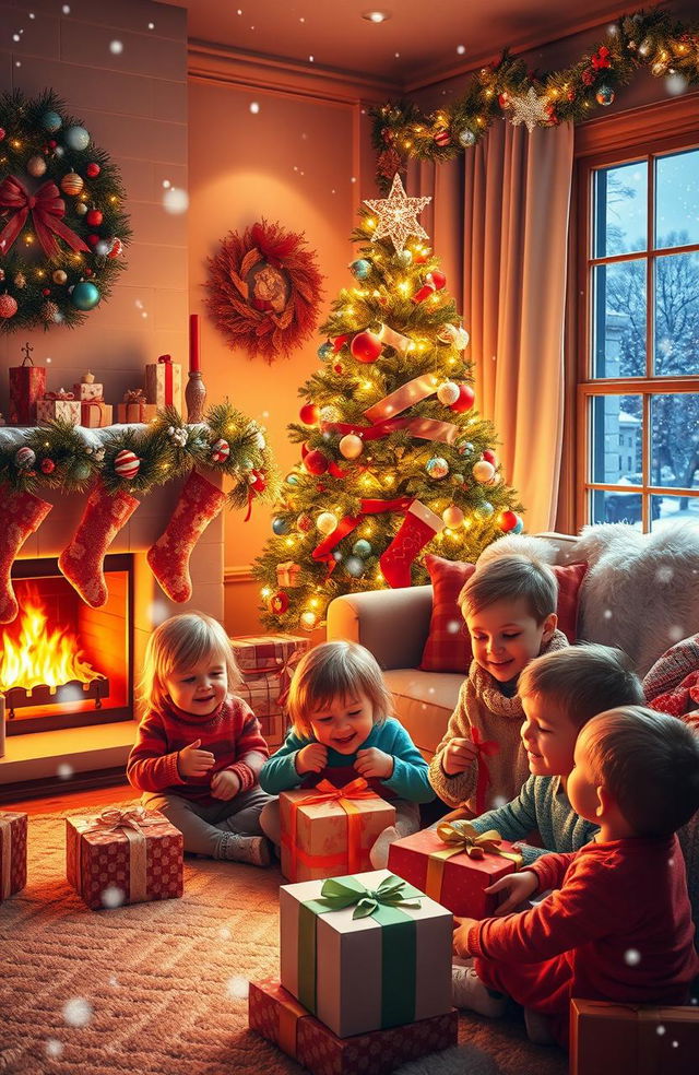 A joyous Christmas scene depicting a cozy living room decorated for the holiday season