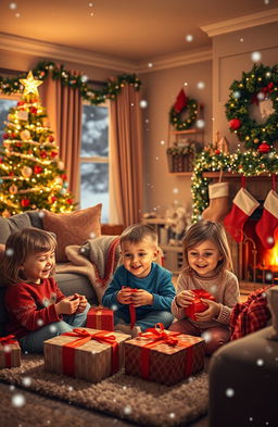 A joyous Christmas scene depicting a cozy living room decorated for the holiday season