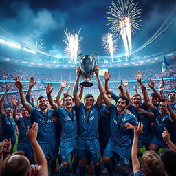 A futuristic football stadium filled with cheering fans, vibrant colors, and a night sky illuminated by fireworks