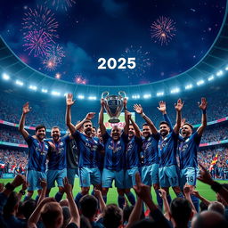 A futuristic football stadium filled with cheering fans, vibrant colors, and a night sky illuminated by fireworks