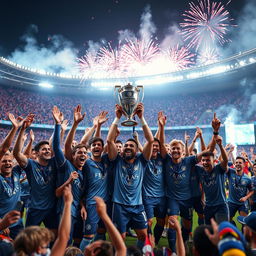 A futuristic football stadium filled with cheering fans, vibrant colors, and a night sky illuminated by fireworks