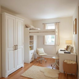 A medium-sized room featuring a tall white wardrobe on the left side