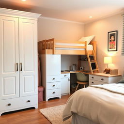 A medium-sized room featuring a tall white wardrobe on the left side