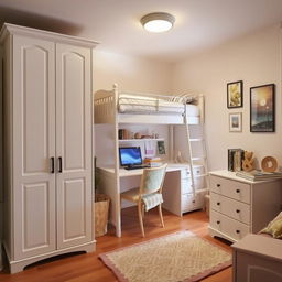 A medium-sized room featuring a tall white wardrobe on the left side