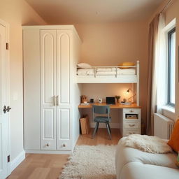 A medium-sized room featuring a tall white wardrobe on the left side