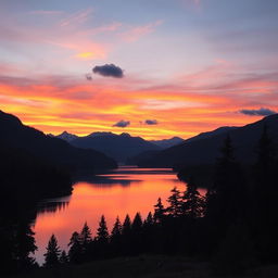 A stunning landscape photograph showcasing a vibrant sunset over a serene lake, surrounded by lush forests and majestic mountains in the background