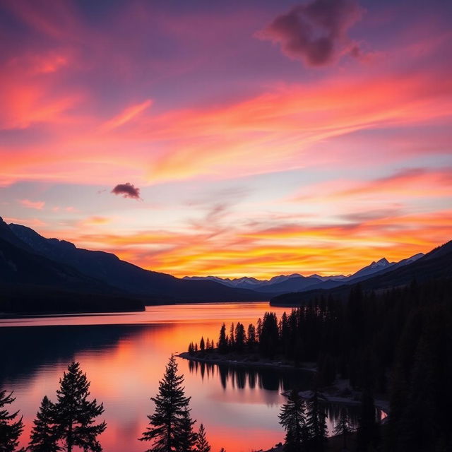 A stunning landscape photograph showcasing a vibrant sunset over a serene lake, surrounded by lush forests and majestic mountains in the background