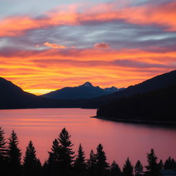 A stunning landscape photograph showcasing a vibrant sunset over a serene lake, surrounded by lush forests and majestic mountains in the background
