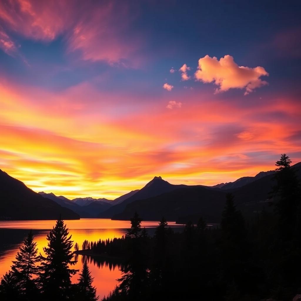 A stunning landscape photograph showcasing a vibrant sunset over a serene lake, surrounded by lush forests and majestic mountains in the background