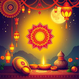 A vibrant and colorful background for a Jagran poster, featuring traditional Indian elements such as intricate mandala designs, lanterns, and floral patterns