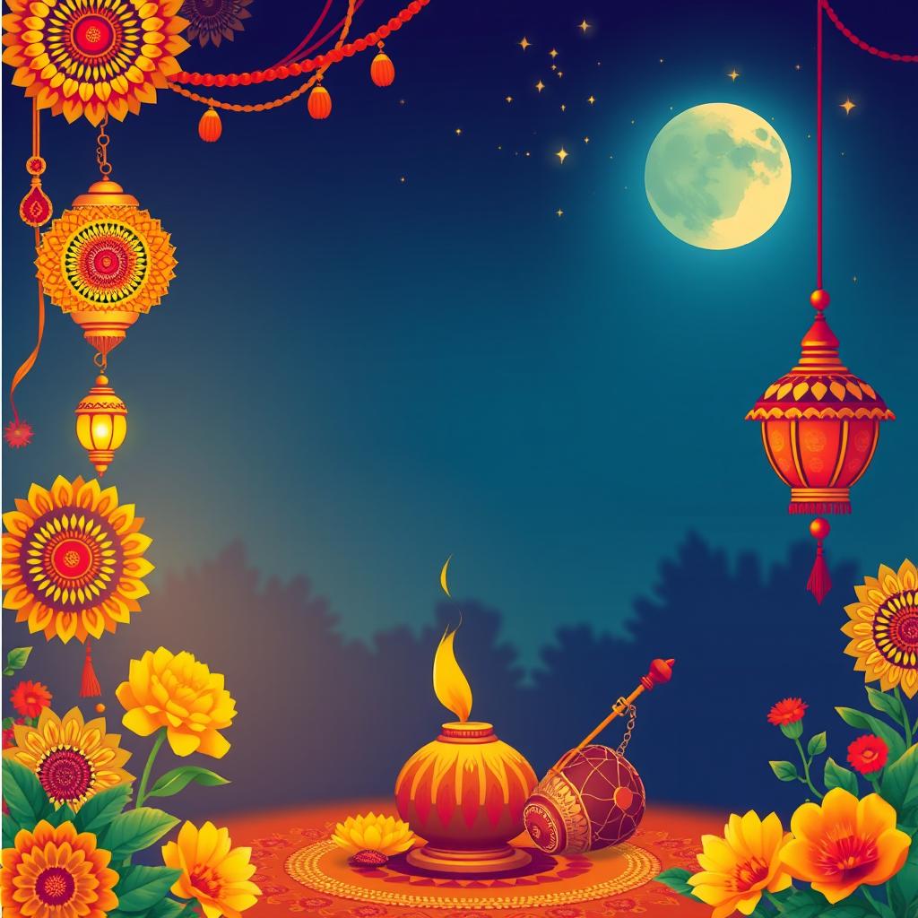 A vibrant and colorful background for a Jagran poster, featuring traditional Indian elements such as intricate mandala designs, lanterns, and floral patterns