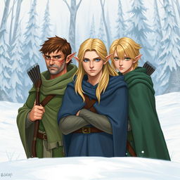 Three male elves in a snowy landscape