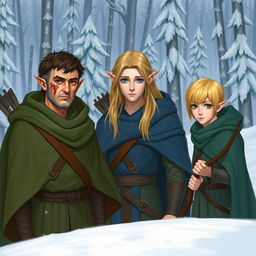Three male elves in a snowy landscape