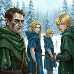 Three male elves in a snowy landscape