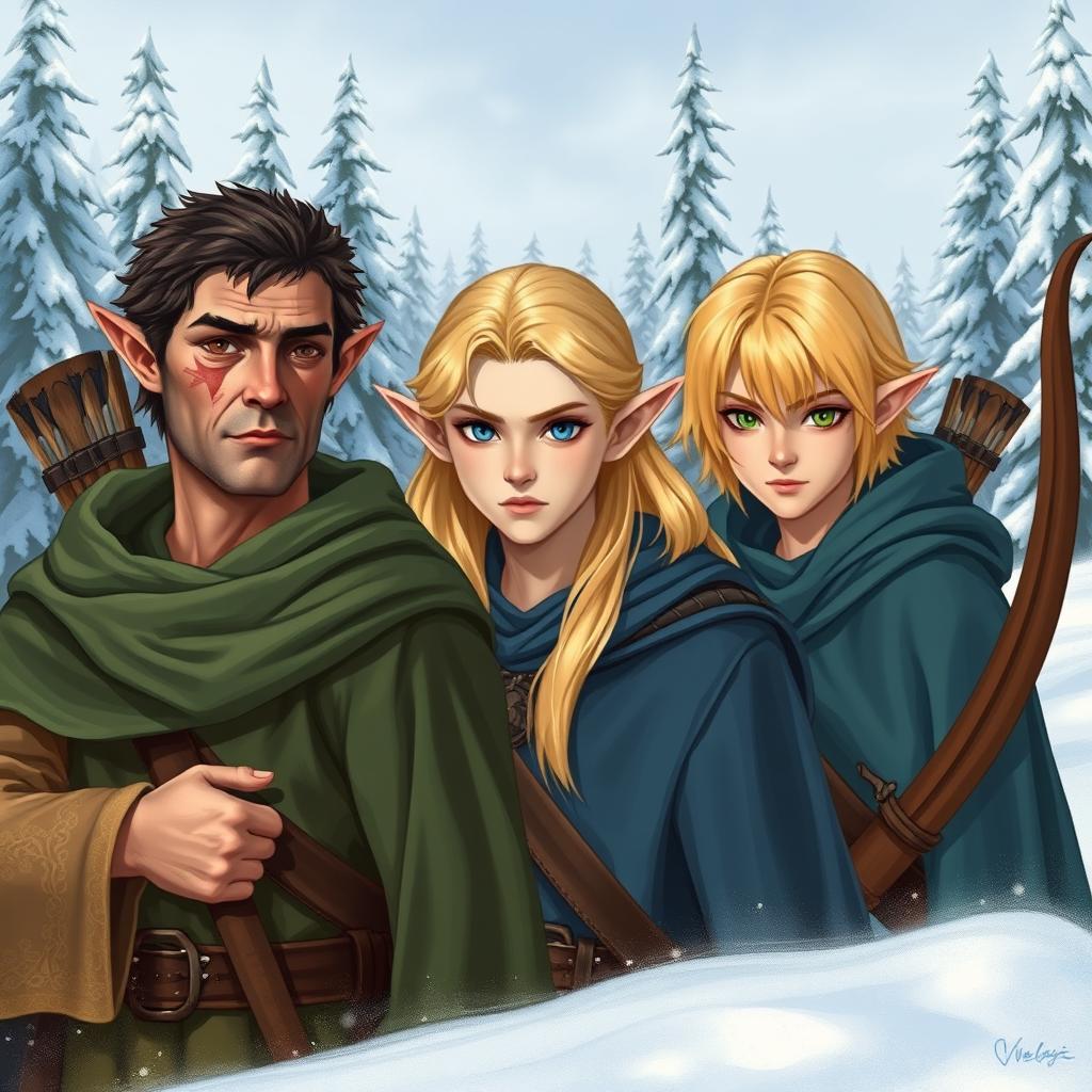 Three male elves in a snowy landscape