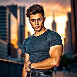 A stylish, confident young man with a slightly muscular body, standing in an urban setting