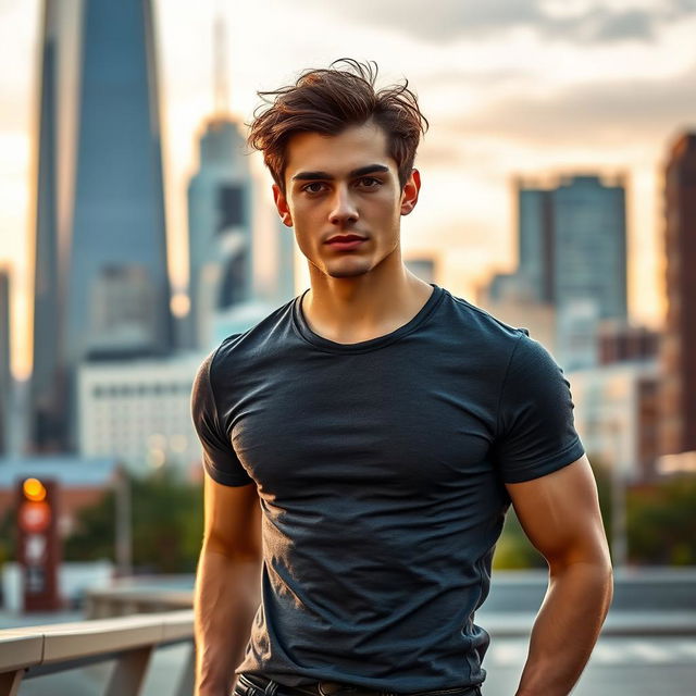 A stylish, confident young man with a slightly muscular body, standing in an urban setting