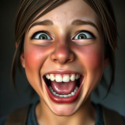 A close-up portrait of Ellie from The Last of Us, looking extremely excited and happy