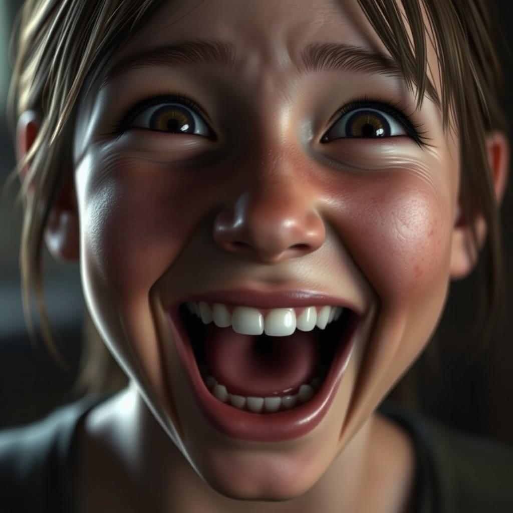 A close-up portrait of Ellie from The Last of Us, looking extremely excited and happy