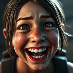 A close-up portrait of Ellie from The Last of Us, looking extremely excited and happy