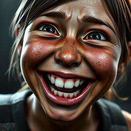 A close-up portrait of Ellie from The Last of Us, looking extremely excited and happy
