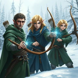 Three male elves in a snowy landscape, showcasing their magical abilities
