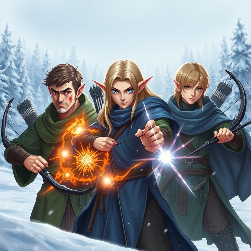 Three male elves in a snowy landscape, showcasing their magical abilities
