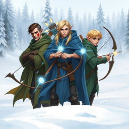 Three male elves in a snowy landscape, showcasing their magical abilities