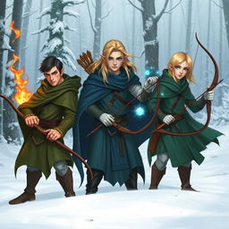 Three male elves in a snowy landscape, showcasing their magical abilities