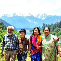 A picturesque scene featuring four people walking together, embodying a joyful spirit